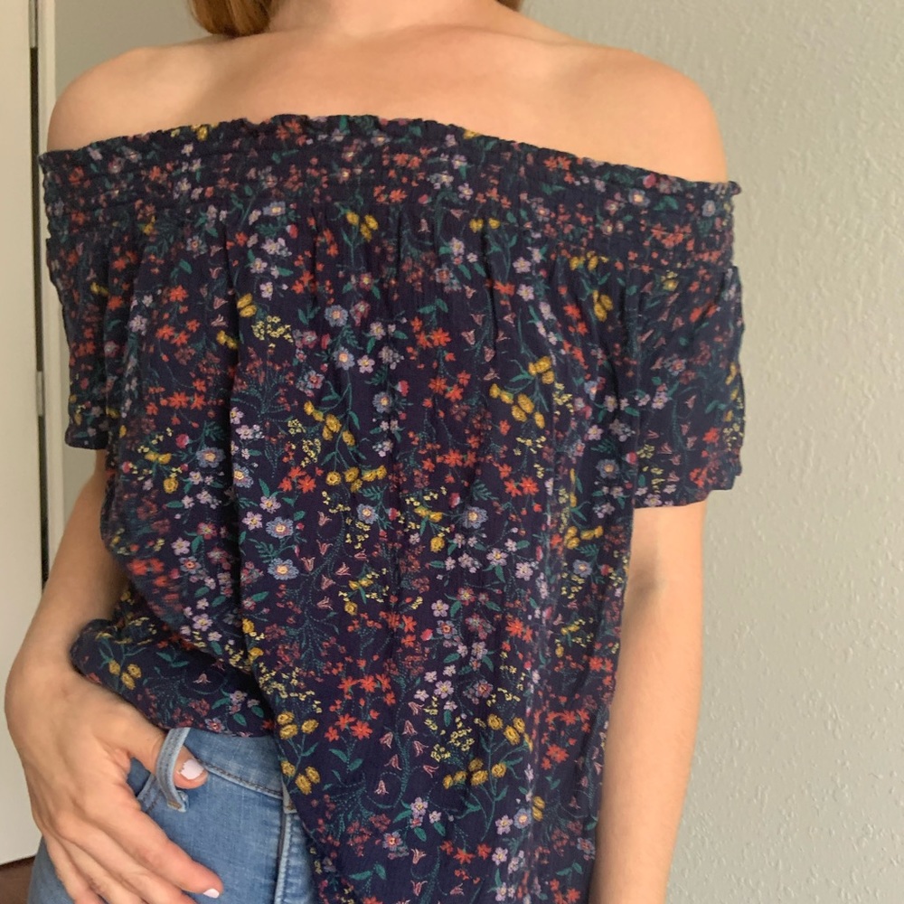Off the shoulder navy with flowers spring top